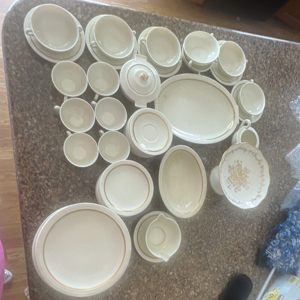 Limoges White Porcelain Gold Rim Dinner Set Plates Cups Saucers Platter